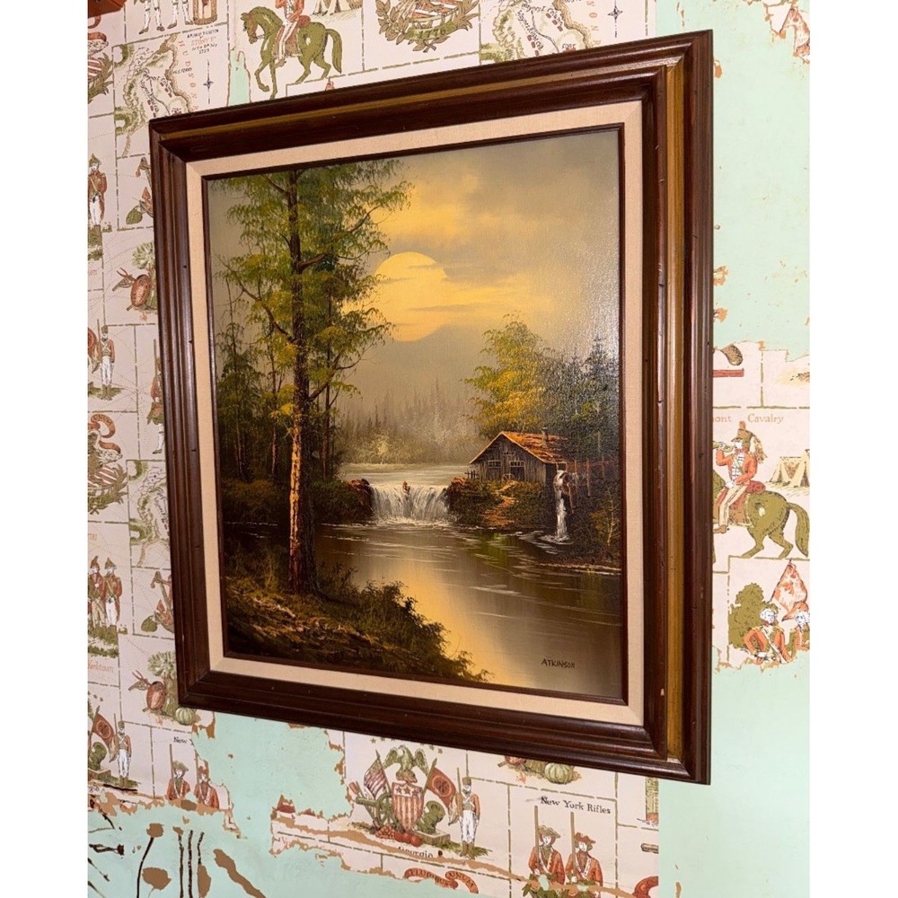Vintage Signed Atkinson Landscape Oil Painting Cabin Waterfall Framed 24x20